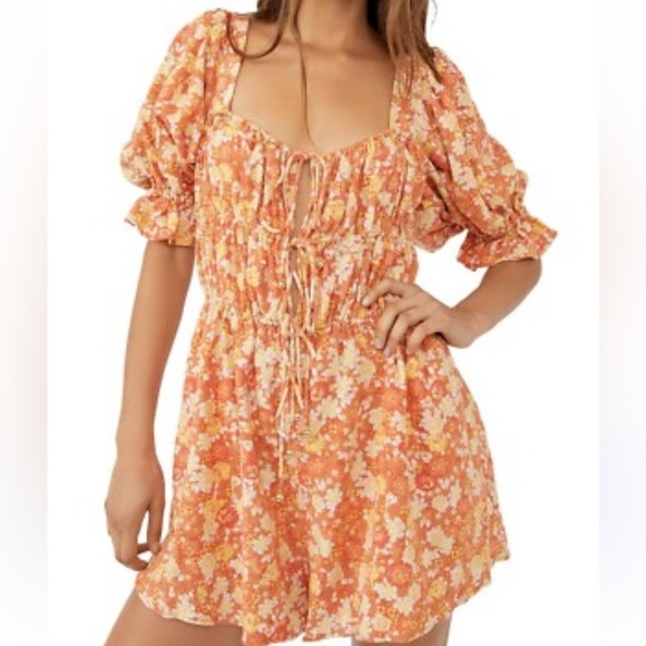 Free People Pants - Free People Orange Floral Puff Sleeve Dress